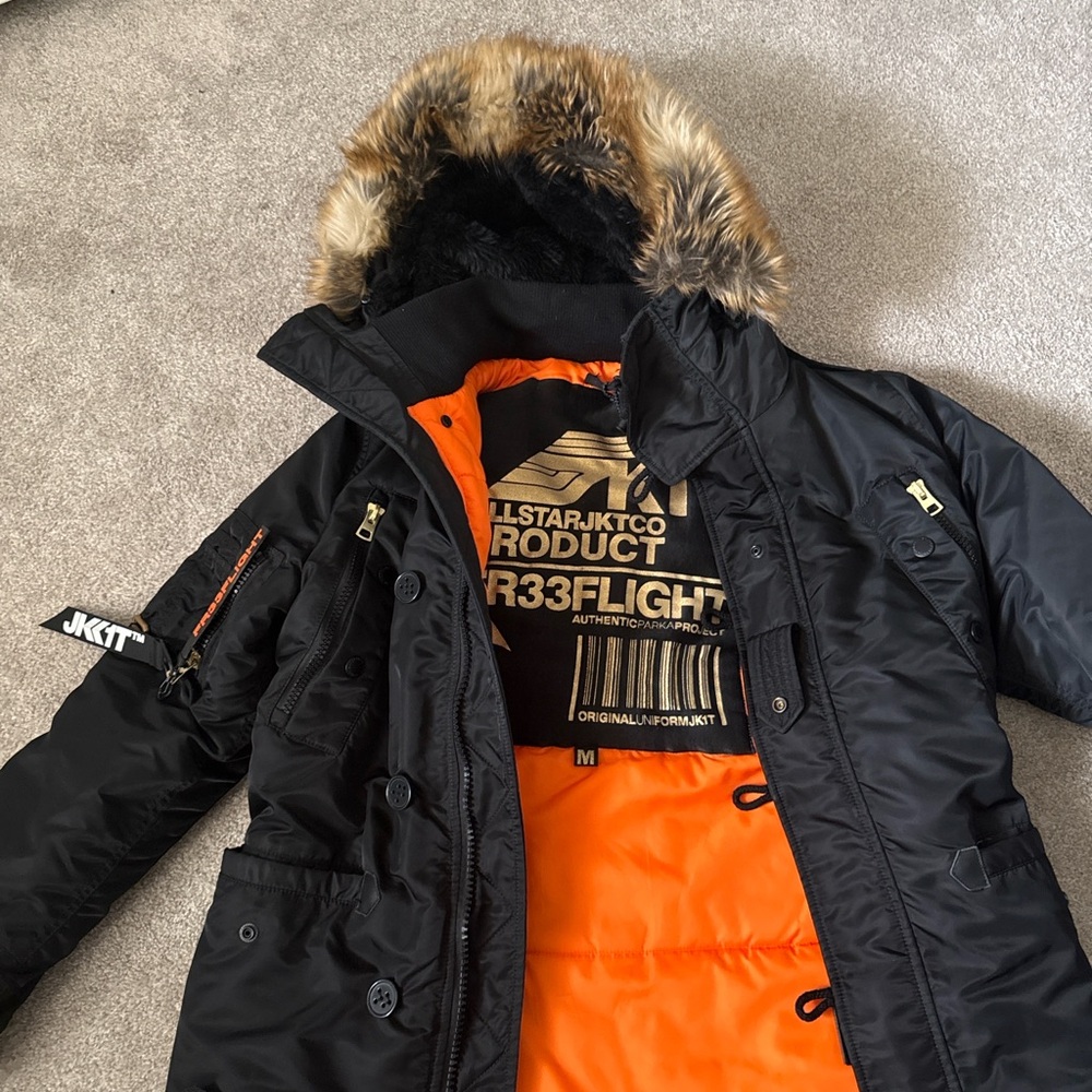 Black parka bomber Jacket with Fur Hood and Orange Lining
